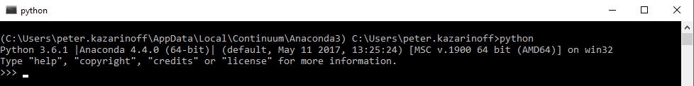 The Anaconda Prompt: The result of typing python is the Python REPL opens. Note the >>> prompt which denotes the Python interpreter is running